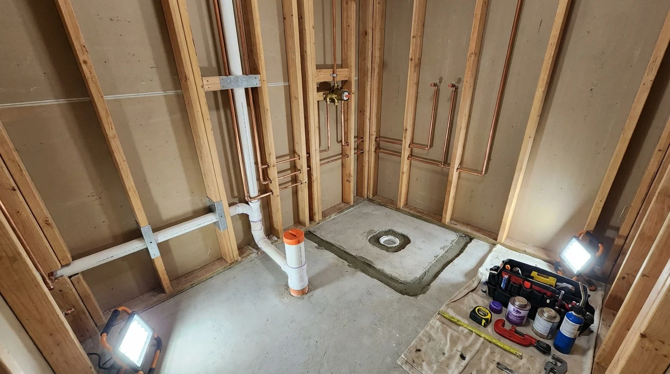 Bathroom rough-in plumbing during remodel by Johns Plumbing LLC in Wimauma
