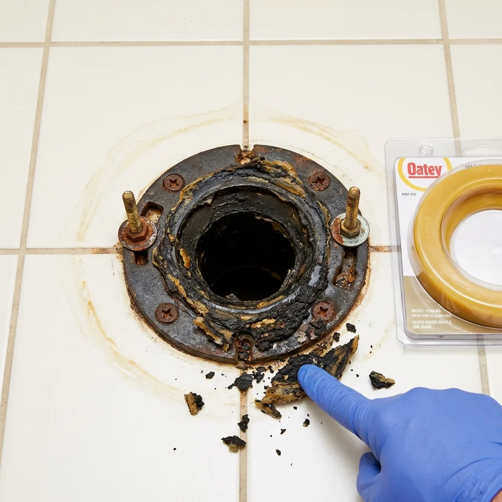 Failed wax ring showing water seepage at the base of a toilet in a Wimauma, FL home